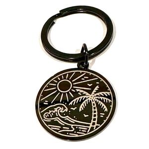 Black Etched Metal Keychain with Beach Ocean Waves Tropical Scene